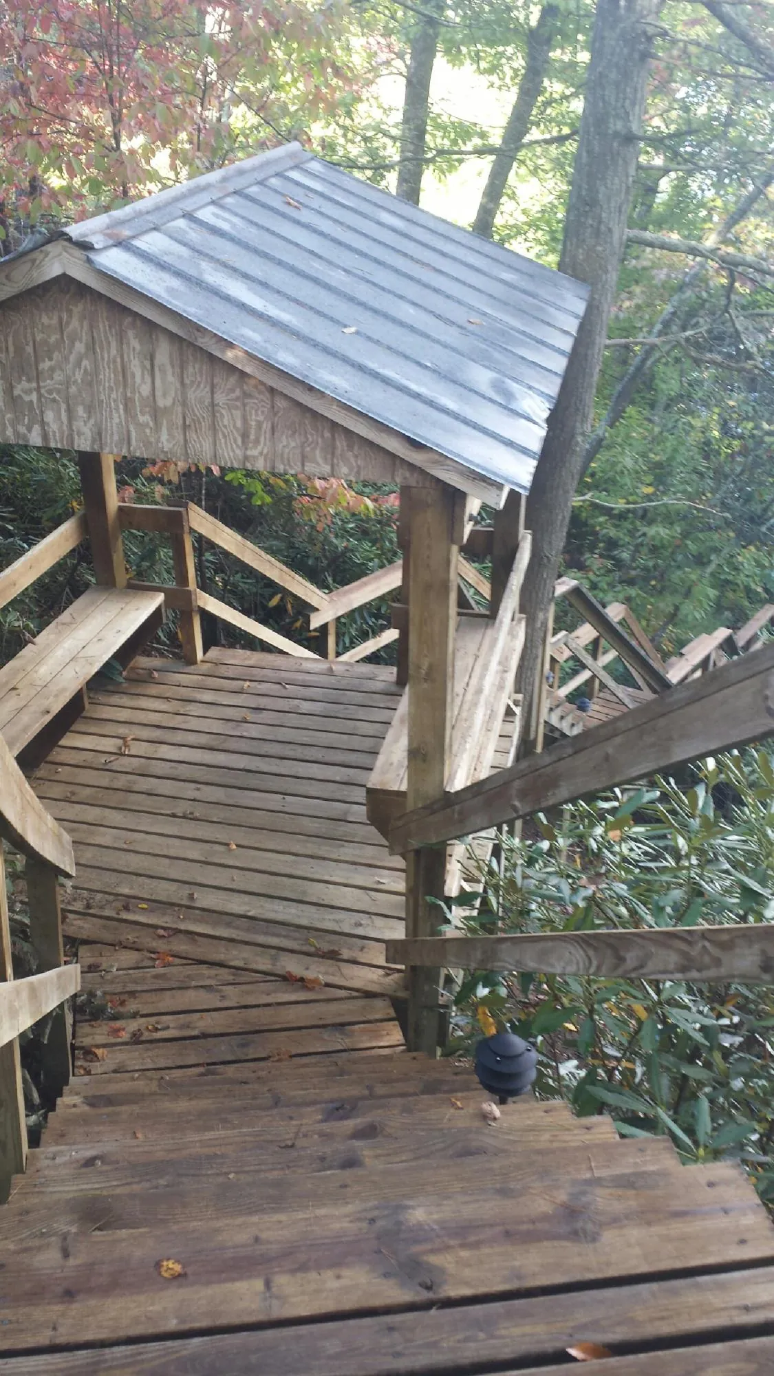 Metal roofed shelter over wooden steps on a wooded walkway — Skylight Repair & Installation work by our crew in Southport